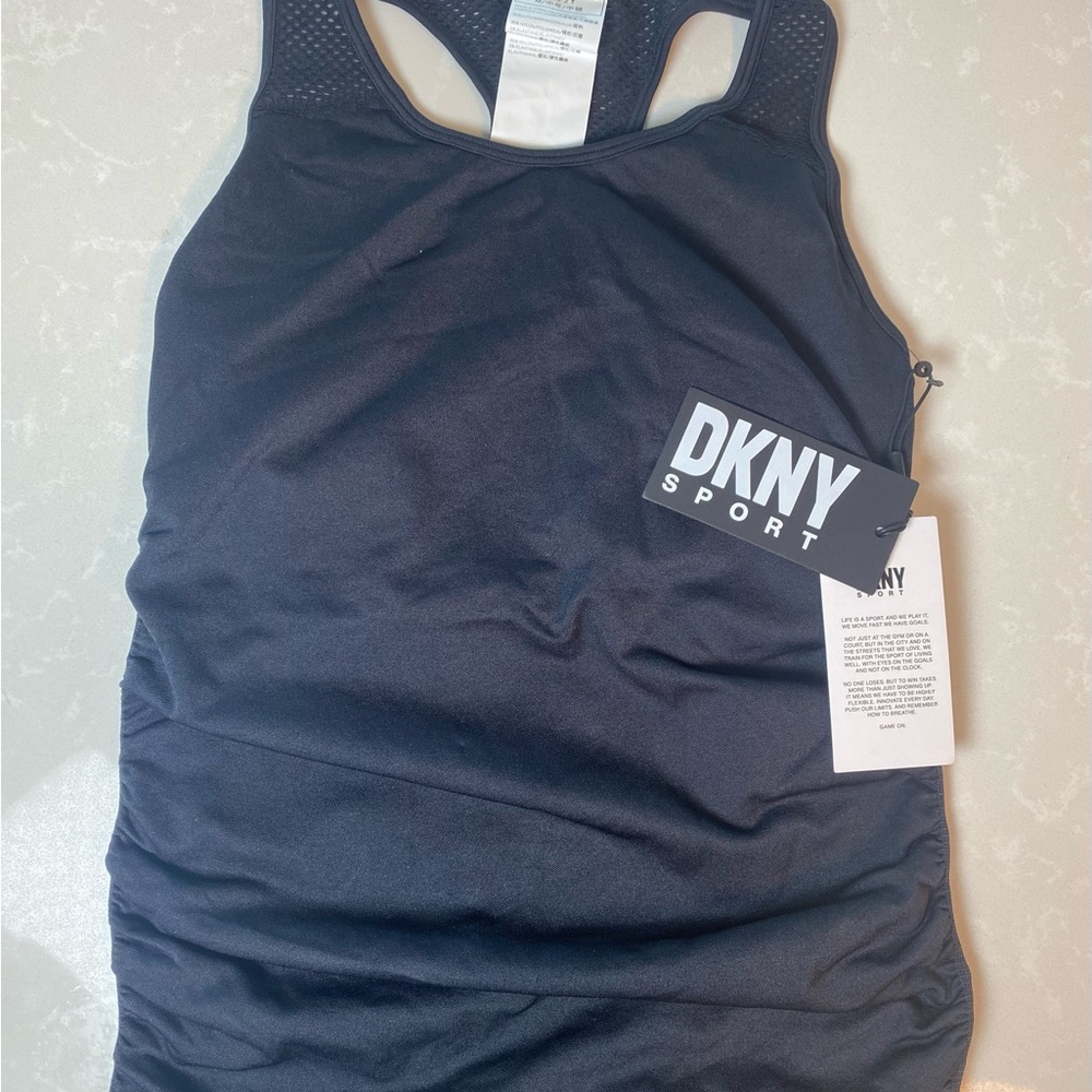 DKNY Sport Womens M Ruched Seamless Racerback Tank Gym Wear Black Athleisure NWT